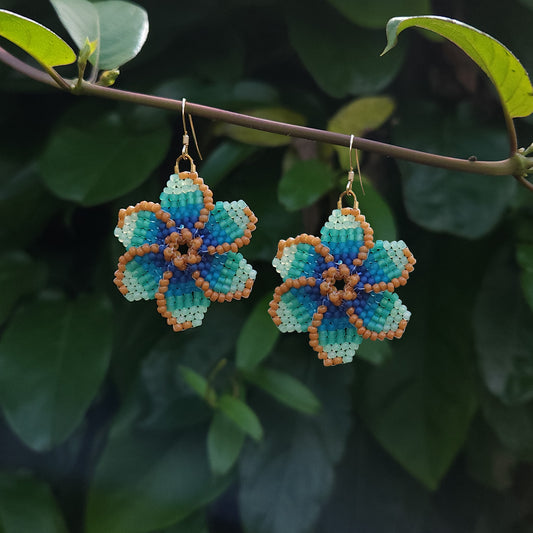 Pair of Blue Tropical beaded flower earrings