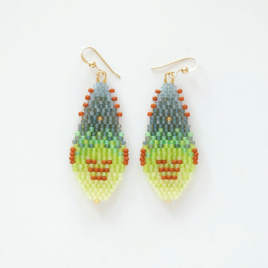 Pair of beaded earrings with a gradient design on a white background