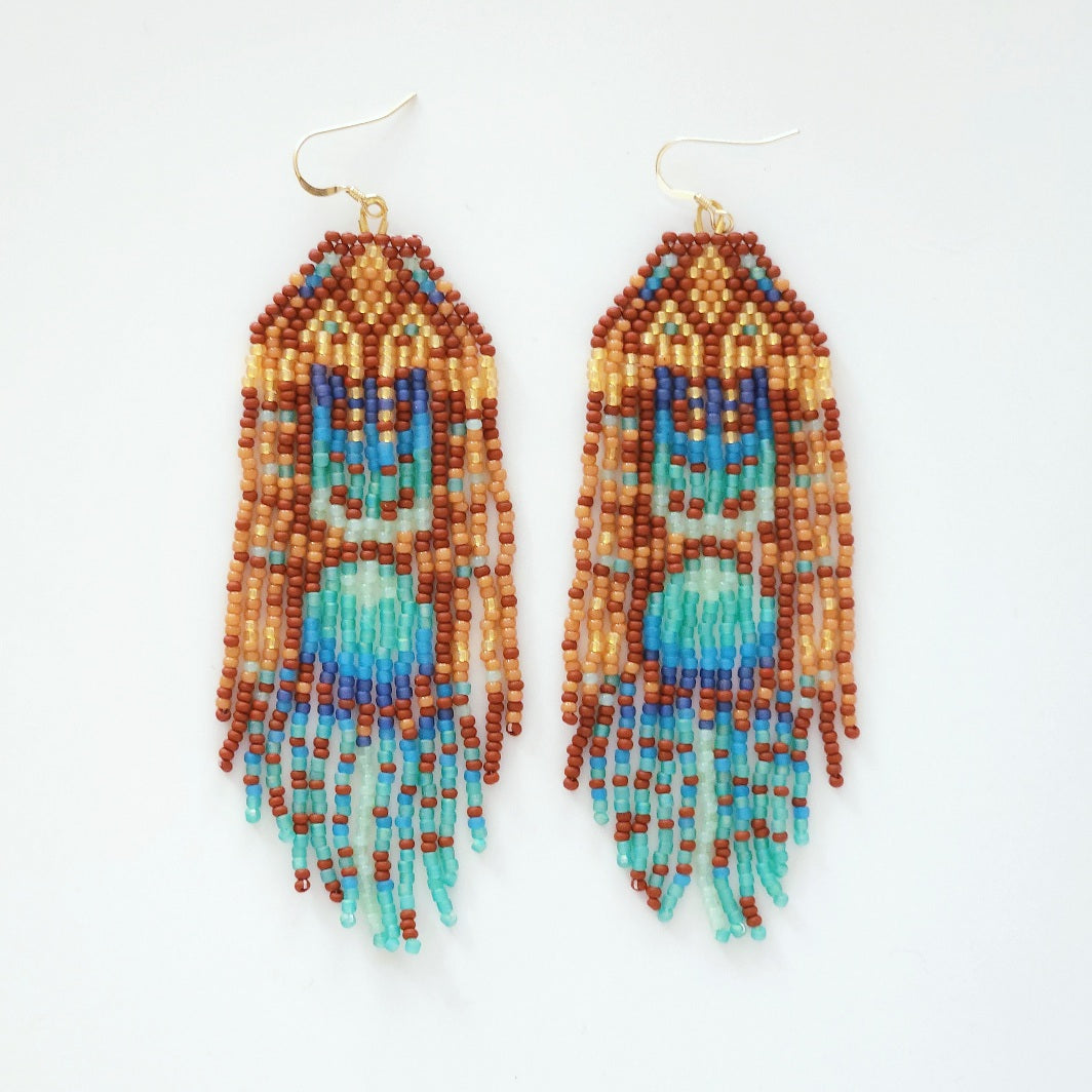 Beaded earrings with a colorful design on a white background