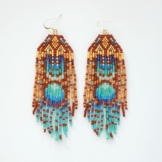 Beaded earrings with a colorful design on a white background
